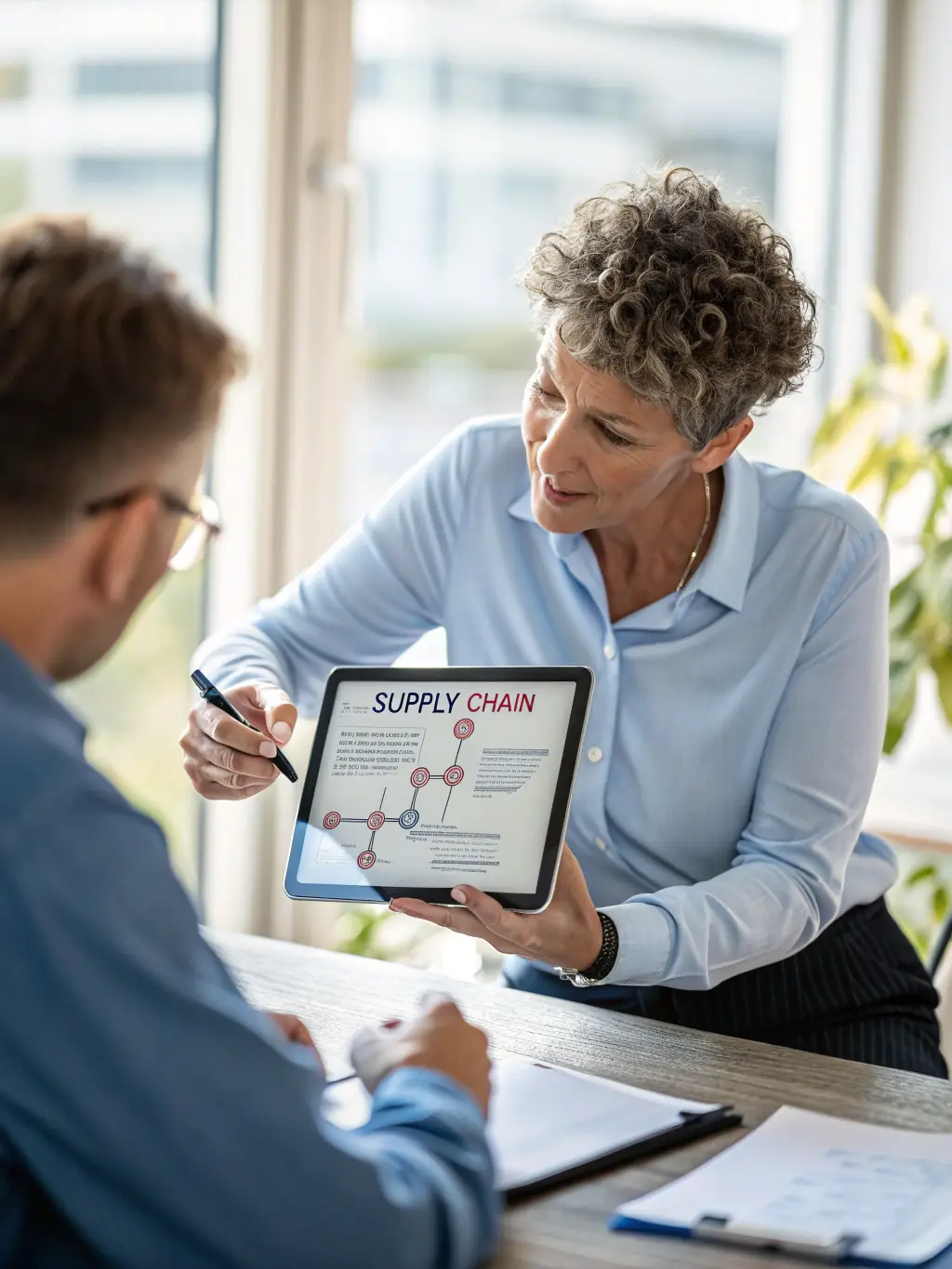 A professional coach guiding a client through a complex supply chain diagram, emphasizing optimization strategies.