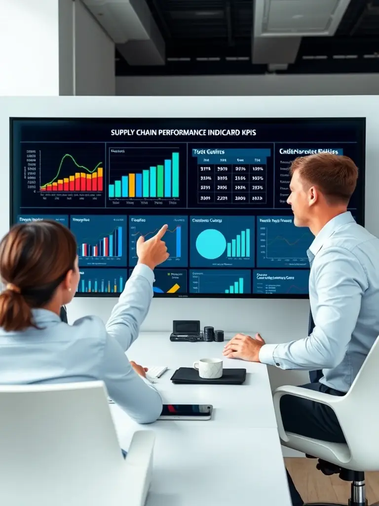 A business coach reviewing key performance indicators (KPIs) with a client, focusing on supply chain metrics and identifying areas for improvement.