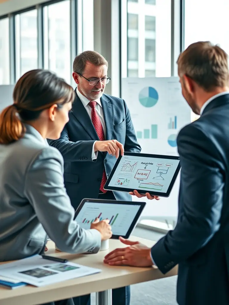 A professional business coach in a modern office setting, guiding a client through a supply chain optimization strategy session, using visual aids and data analysis tools.