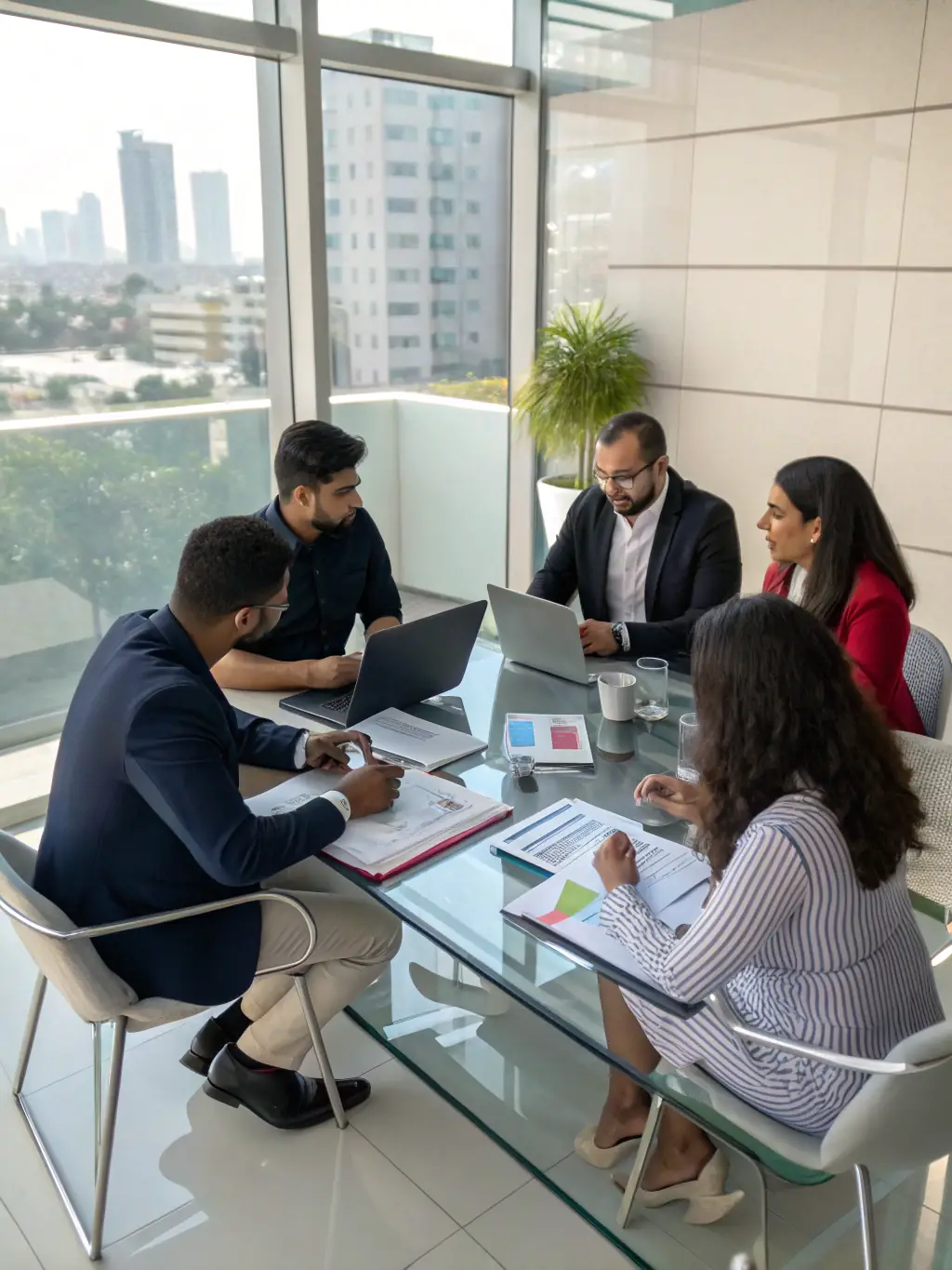 A diverse team of business professionals collaborating in a workshop, brainstorming innovative solutions for supply chain challenges in a Pakistani context.